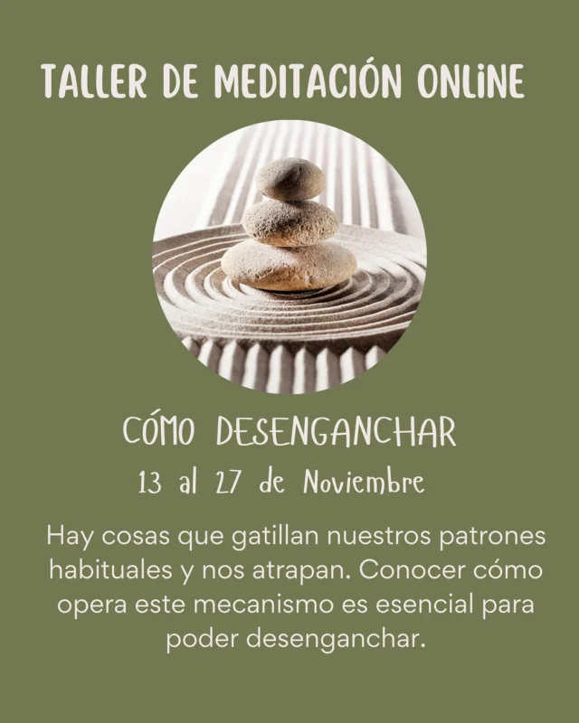 Taller de Meditación Online 🩶 5 sesiones para profundizar en la teoría y la práctica en torno al tema: cómo desenganchar. Vamos a trabajar con la noción de shenpa (enganche) desde la perspectiva de la tradición budista y con los patrones habituales.
• 
Nos vemos en el cojín 🧘🏽‍♀️ 
•
•
•
#practicoenpadma #yoga #meditacion #budismo #mindfulness #clasesdeyoga #yogachile #ashtanga #ashtangayoga #hatha #hathayoga #vinyasa #vinyasayoga #yogaespaña #yogamadrid #yogabarcelona #yogamexico #yogaargentina